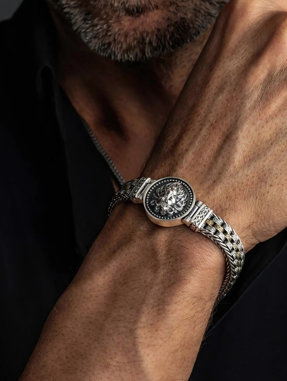 S925 Men's Sterling Silver Lion Head Bracelet - Silver